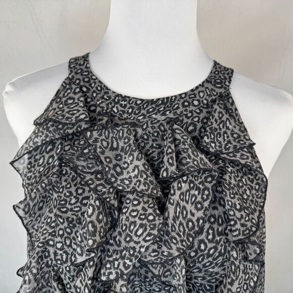 ECI Top Sz 10 Gray Black Halter Ruffle Front Sleeveless Open Back Animal Print - Picture 2 of 9